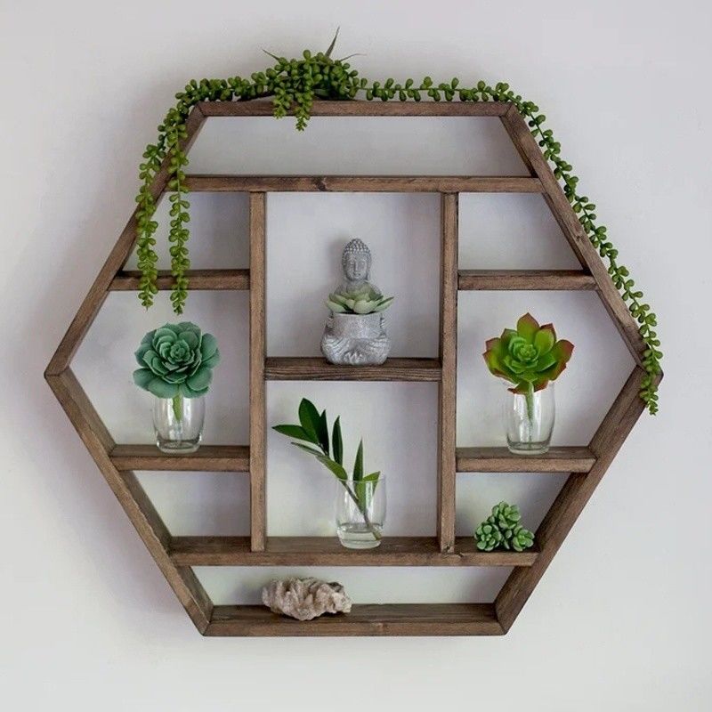 Decoración para el hogar Madera maciza Hexágono Montado en la pared Estante flotante Estantes de almacenamiento de madera