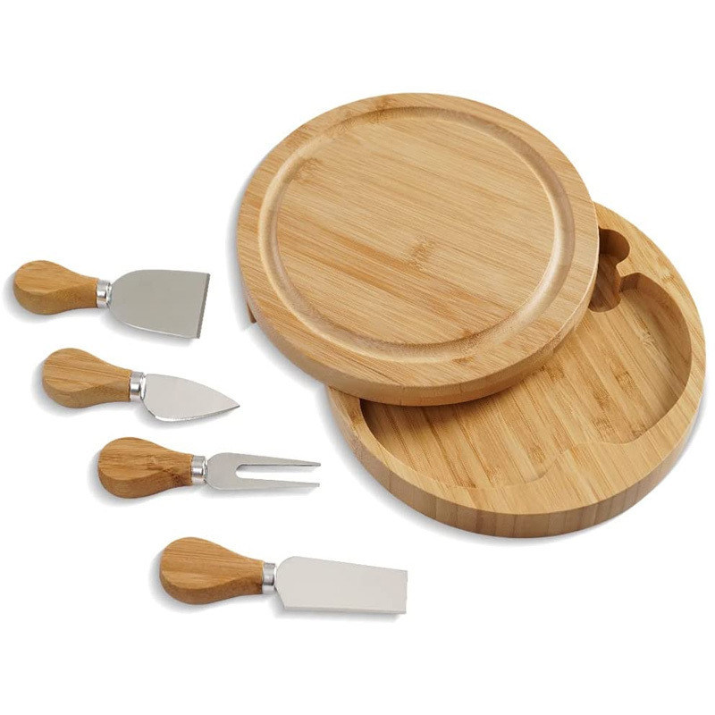 Tablero de queso de bambú con logotipo personalizado y 4 cuchillos de corte de acero inoxidable de tamaño personalizado