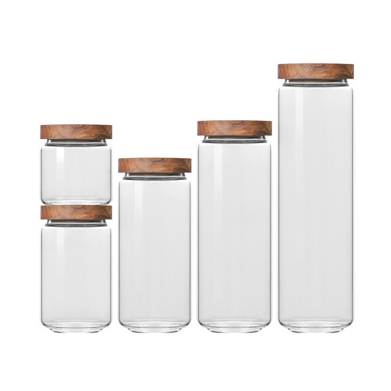 Capacidad personalizada Envasado sellado borosilicato redondo transparente recipientes de vidrio de embalaje Jar con tapa de madera
