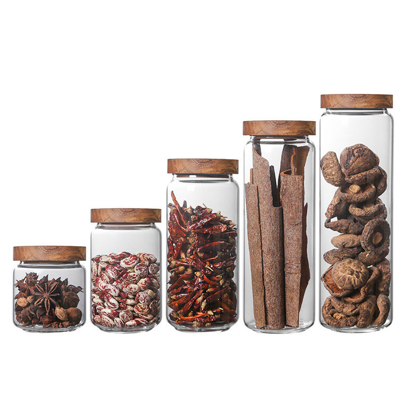 Contenedores de vidrio con tapa de acacia para soluciones de almacenamiento de alimentos