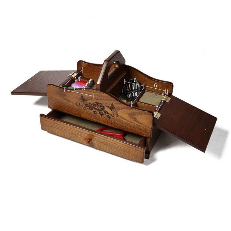 Conveniente caja de almacenamiento de costura de madera con capas, plegable y fácil de organizar
