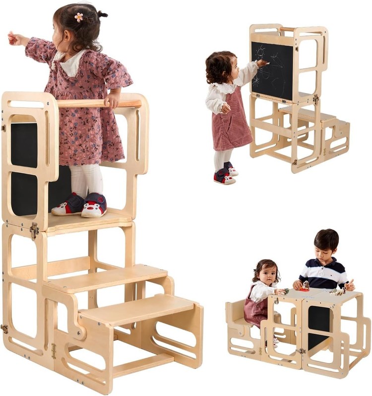 Montessori Aplicaciones de aprendizaje plegables torre de madera ajustable taburete de cocina paso para niños pequeños