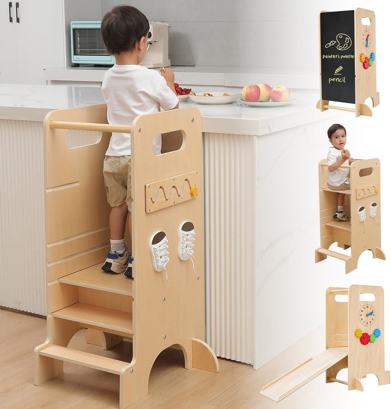 Torre de aprendizaje de madera de temporada para niños ayudante de cocina plegable y torre de observación