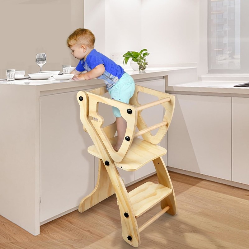 Torre de ayuda de diseño moderno de madera ajustable de altura para niños pequeños Aprendiendo y cocinando