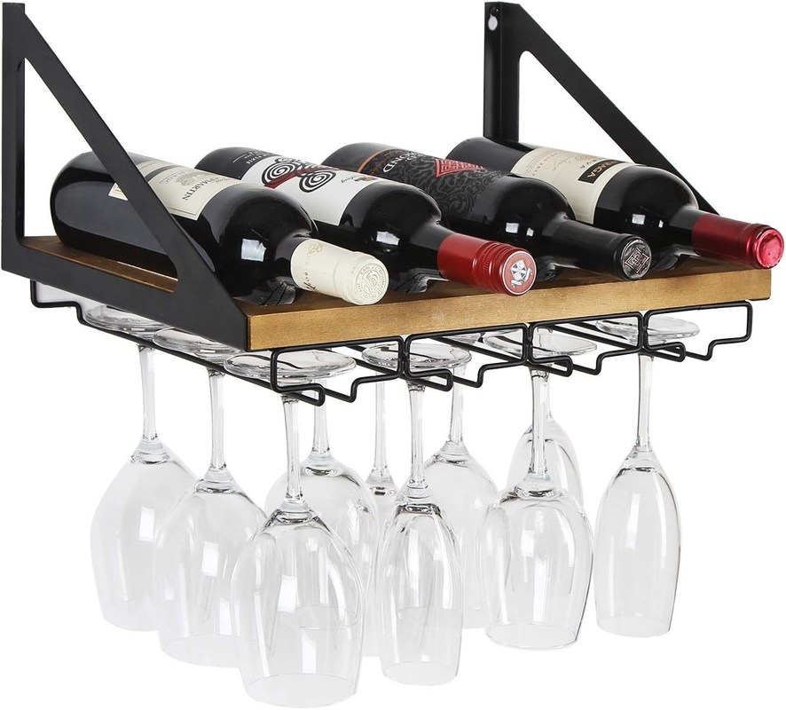 Estante no plegable de madera rústica montado en la pared Estante de vino con 4 cables metálicos soporte de vidrio Diseño personalizado