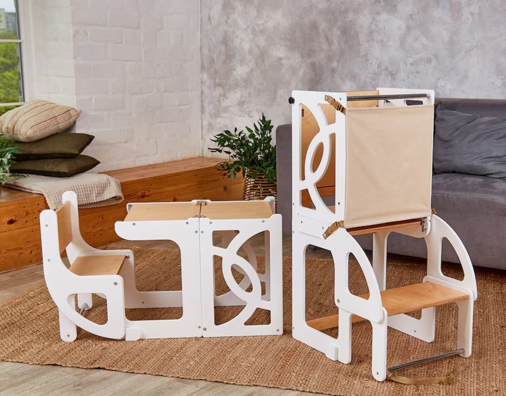 7 en 1 Convertible Mesa de torre para niños pequeños con respaldo de asiento Mejora el aprendizaje y la diversión en la cocina