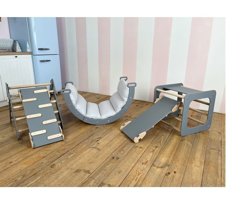 Montessori Gimnasio de juegos para niños Muebles hechos a mano Juguetes de madera maciza Arco tipo Red de rejilla Cuadro de escalada Muebles para niños de interior