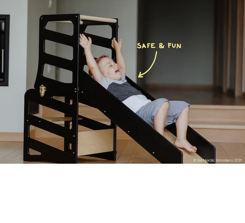 Torre de cocina plegable para niños de todas las temporadas Diseño moderno con torre de ayuda 3 en 1 y tobogán