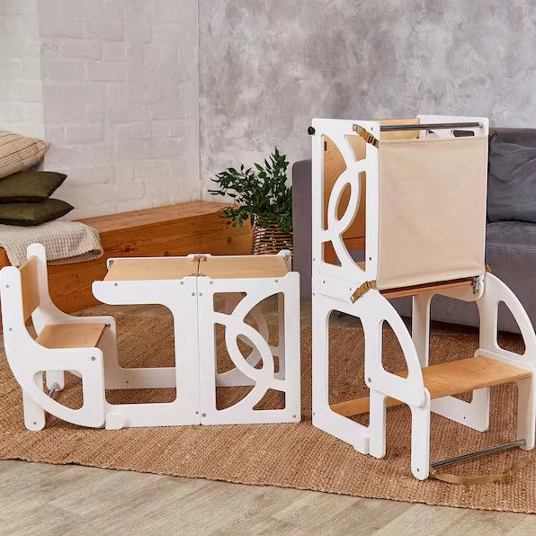 Niños de madera cocina taburete paso convertible Torre de niños pequeños Mesa 7 en 1 respaldo de asiento y tobogán