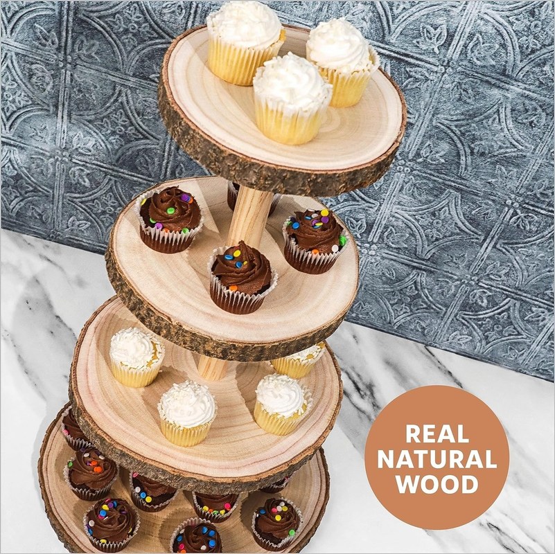 Torre de postres de madera de 4 niveles sostenible para exhibición de pastel de boda