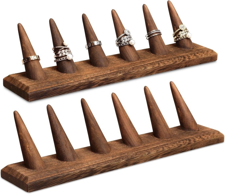 Organizador de soporte de visualización de anillos de joyería de madera de doble nivel con diseño de logotipo