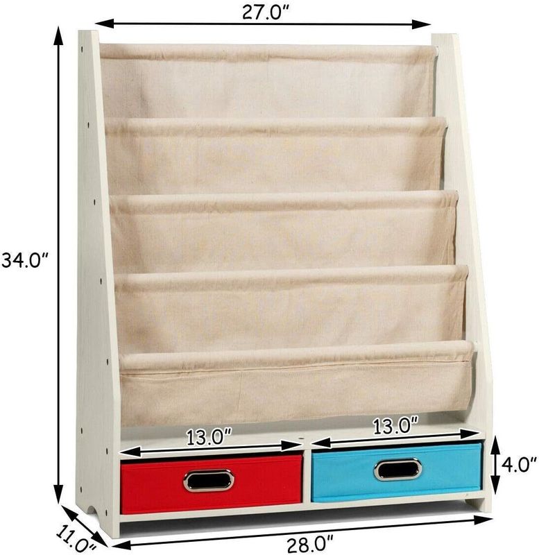 Muebles de sala de estar Organizador de estanterías de libros de madera con 4 estanterías y 2 cajas de almacenamiento de juguetes