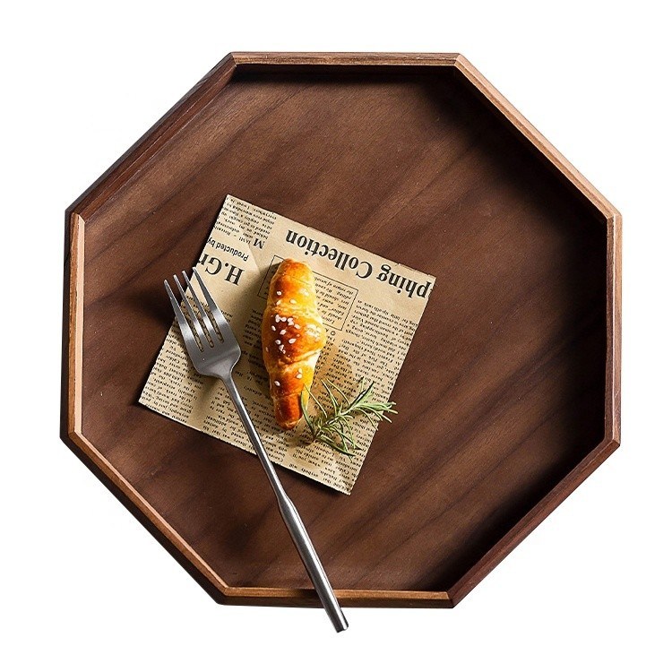 bandeja de servicio de madera de nuez de acacia de forma redonda octogonal 30x20x3cm con impresión a fuego