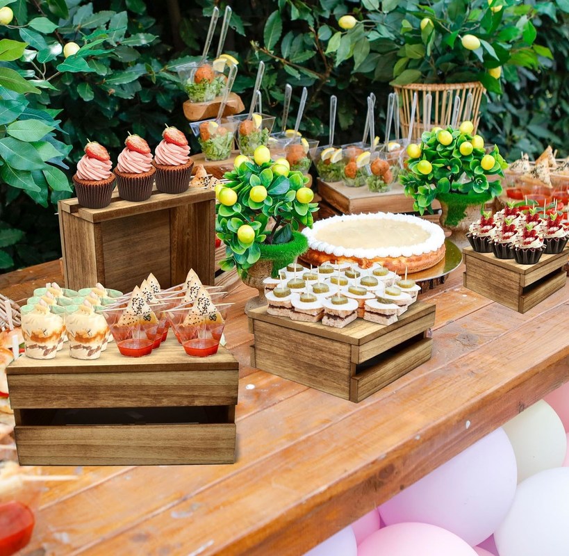 Estand de pasteles de madera de estilo rústico conjunto de 4 logotipos personalizados aceptados para mostrar pasteles