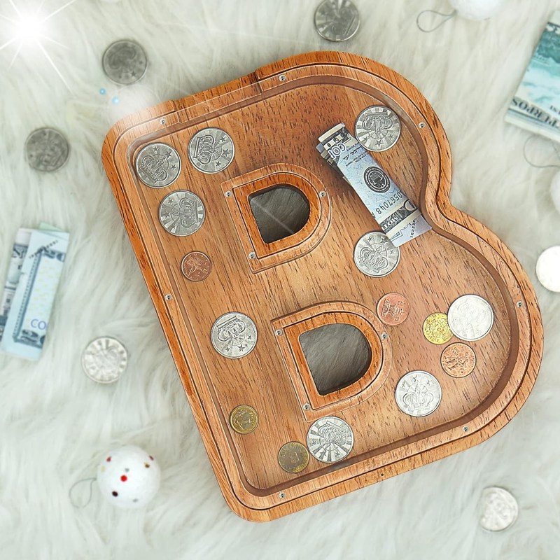 Carta de madera de alfabeto acrílico caja de dinero Impresión quemado letra grande bancos de cerdo para niños