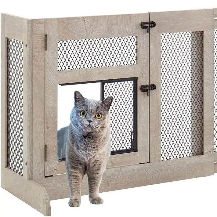Puerta de perros de madera libre de alta cantidad con malla de puerta de gato y logotipo personalizado