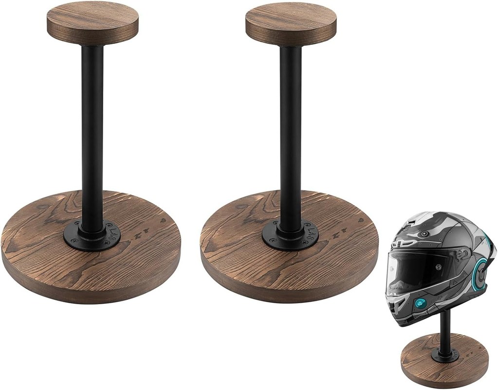 Estand de visualización de cascos de mesa con color de madera de abedul sin terminar y estilo industrial