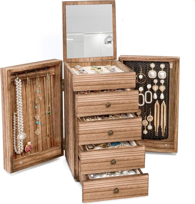 Caja organizadora de joyas de 5 capas para anillos, pendientes, collares, estilo vintage