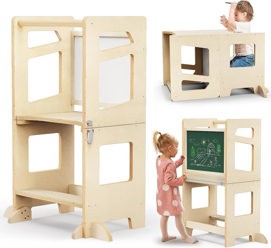 Cuarto de cocina de madera ajustable de 3 alturas para niños pequeños con riel de seguridad Unisex
