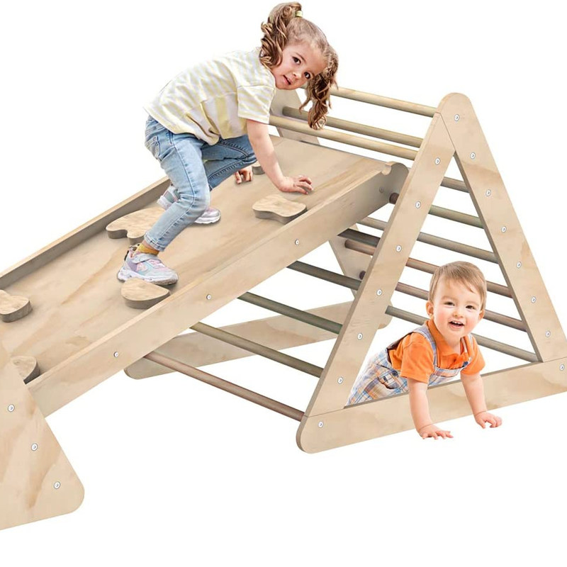 Escalera de triángulo de escalada de madera unisex con rampa y acabado manchado para niños pequeños