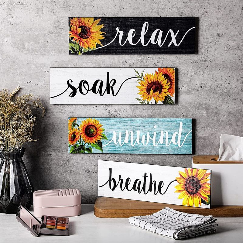 Decoración de la pared del baño Placa de madera rústica con diseño de girasol Relájese, sumérjase, relájese, respire